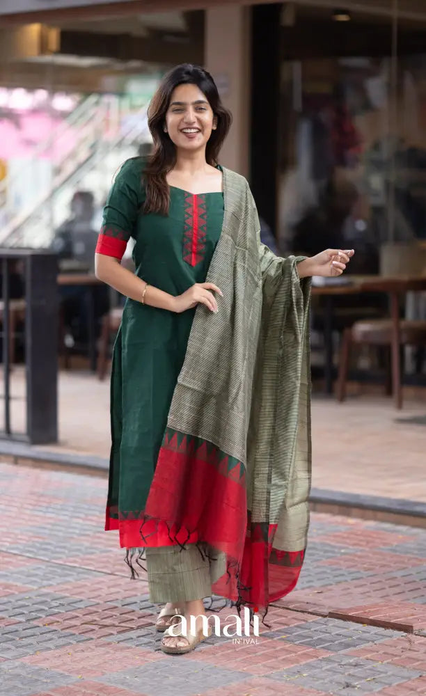 Athira handloom Cotton Salwar - Dark Green and Greyish Beige salwar